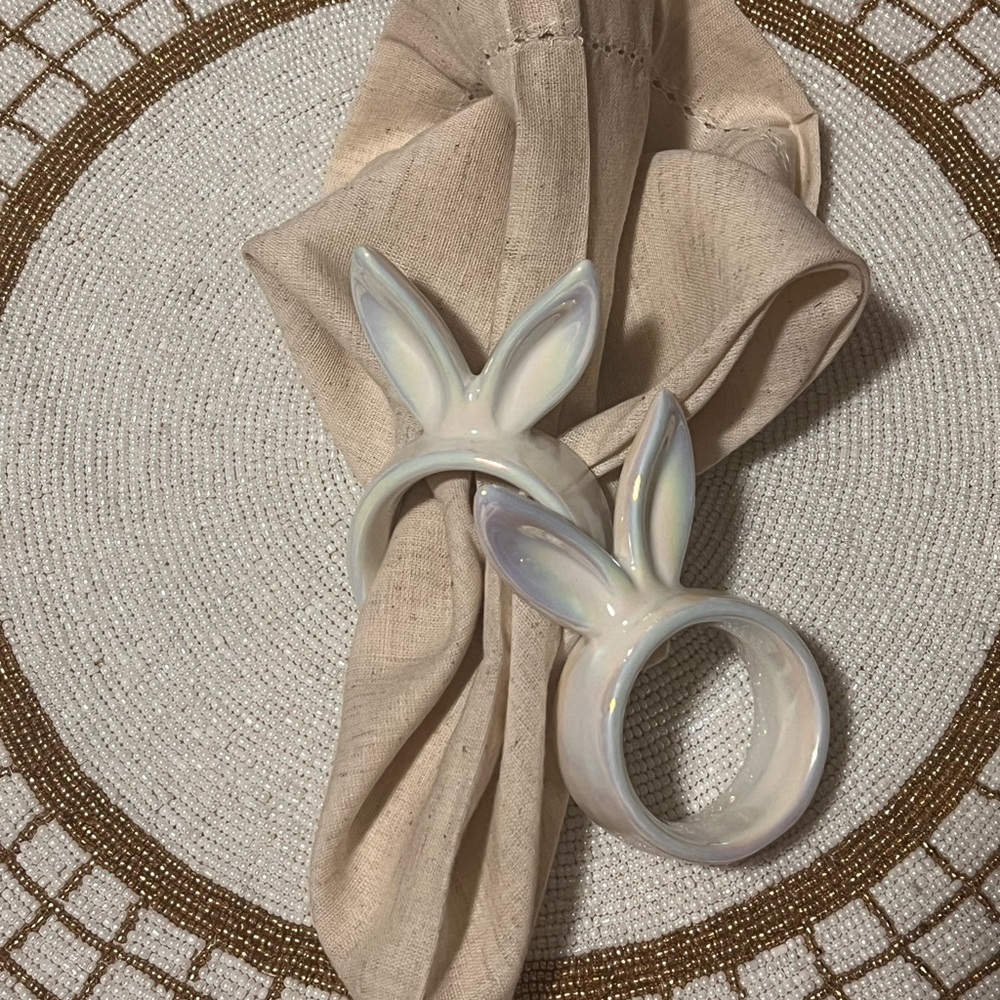 Iridescent Bunny Ear Ceramic Napkin Ring - Pearl White